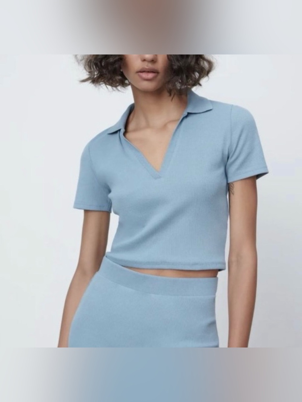 Zara Sky Blue Collared Short Sleeved Collared Top
